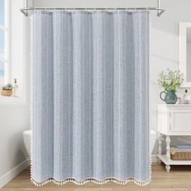 MitoVilla Boho Long Shower Curtain 72 x 78, Blue Farmhouse 78 inch Long Polyester Linen Fabric Shower Curtains with Tassel for Chic Cottagecore French Rustic Bathroom Decor