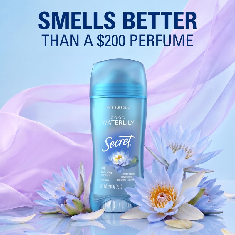 Secret Invisible Solid Antiperspirant and Deodorant, Waterlily Scent, 2.6 oz