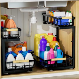 2Pcs Under Sink Organizer, Adjustable Under Sink Organizers and Storage, 2-Tier Pull Out Under Kitchen Sink Organizer, Sliding Out Metal Under Bathroom Sink Organizer for Kitchen Pantry Black