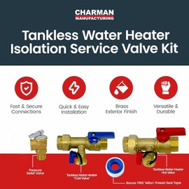 CMI Inc - 1 Inch IPS Tankless Water Heater Isolation Service Valve Kit – Female to Female Threaded Brass Valves with Pressure Relief for Hot Water - Compatible with Most Tankless Water Heaters