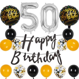 Silver 50th Birthday Decorations Party Supplies-Black Happy 50th Birthday Banner Latex and Confetti Balloons Paper Honeycomb Balls Huge Number 50 Balloons for Girls,Women,Men,Photo Props 50th Birthday