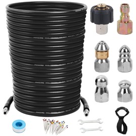 100FT Sewer Jetter Kit for Pressure Washer, 5800 PSI Water Jet Drain Cleaner Hose Corner Rotating Button Nose Sewer Jetting Nozzle 1/4 Inch NPT, Sewer Jetter Nozzles Kit with Spanner Handle Strap