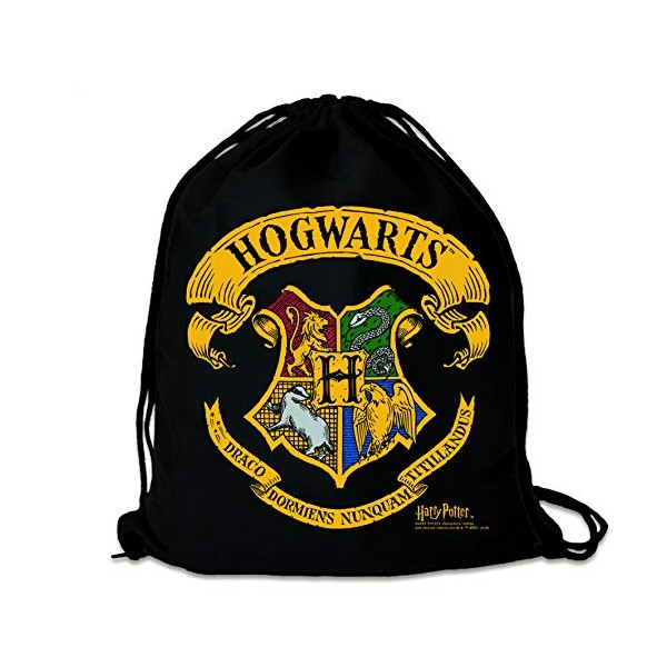 LogoshirtÂ®ï¸ Harry Potter - Hogwarts Logo I Printed Gym Bag - Fabric Backpack 100% Cotton I AZO-free I Black I Original Licensed Design