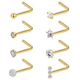 MJust 8pcs G23 Solid Titanium Nose Studs 20G L Shaped Nose Ring Studs Star CZ Nose Piercing Studs for Women and Men Nick-Free Hypoallergenic Nose Studs for Sensitive Skin Gold