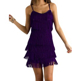 Cheryl Creations Women's Short All-Over Fringe Flapper Sleeveless Comfortable Day/Night Mini Dress with Adjustable Bra Straps Purple
