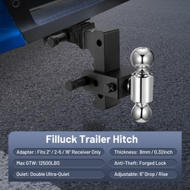 Filluck Adjustable Trailer Hitch Fits 2" Receiver, 2" & 2-5/16"(12,500 LBS GTW) Rotatable Dual Solid Ball, 6" Drop/Rise Heavy Duty Aluminum Tow Hitch, Trailer Hitches with Anti-Theft Pin, Black