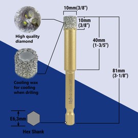 HXIN Gold Classic 10mm (3/8") VB Diamond Drill Bit with E6.3mm HEX Quick Coupling for Dry or Wet Drilling on Porcelain, Ceramic, Tiles, Granite, Marble and Other Hard Materials