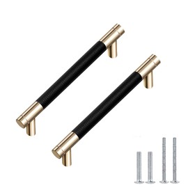 10 Pack Black Cabinet Handles , 6" Drawer Pull, Cabinet Pulls Aluminum Handles Round Pull for Drawer, Gold and Black Oxidation Finish with Diamond Pattern Golden Finish ( 5" Hole Center)