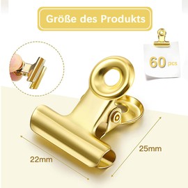 Gold Clips, Bulldog Clips, Gold Clips, Small Clips, Pack of 60 Clips, Flipchart Clips, Letter Clips, Bulldog Clips Pack for Pictures, Photos, Kitchen, Home, Office Accessories (Gold)