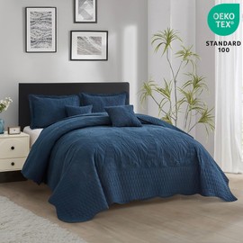 DaisyHuang Botanical Bedspread Full Size - Leaves Pattern Stitching Quilt Set - Elegant & Fresh Style Bedding Coverlets, Reversible, Lightweight, 4 Piece, Navy