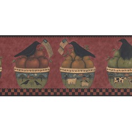 CONCORD WALLCOVERINGS ™ Classic Patriotic Wallpaper Border Featuring Birds with American Flags, Fruits and Country Style Ceramics, Colors Red Black Green White, Size 9 Inches by 15 Feet HF8519B