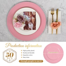 FXKS 50 Pcs Pink Charger Plates Round Charger Plates13 Inch Bulk Wedding Dinner Elegant Reusable Plastic Chargers Plates Wedding Holiday Party Baby Shower Event Decoration (Pink)