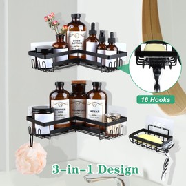 YEVONNIE Corner Adhesive Shower Caddy, with Soap Holder and 12 Hooks, Rustproof Stainless Steel Bathroom Organizer, No Drilling Wall Mounted Rack, Black,2-Pack