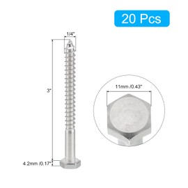 sourcing map Hex Head Lag Screws Bolts, 20pcs 1/4" x 3" 304 Stainless Steel Partial Thread Wood Screws