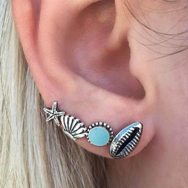 Inilbran Boho Shell Earrings Silver Shell Stud Earrings Vintage Shell Earrings Beach Cowrie Starfish Earrings Set Jewellery for Women and Girls, Zinc, No Gemstone