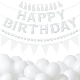 Elegant White Themed Birthday Decoration Set, White Pre-Strung 3D Felt Happy Birthday Banners, Pom-Pom Garland, Party Pennant Felt Banner Flags, Tassel Garland, Balloons, Reusable Party Decor,Photo Prop
