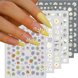 6 Sheets Daisy Nail Art Stickers, Charming Flower Chrysanthemum 3D Trendy Design Self-Adhesive Spring Nail Art Decals, DIY Manicure Decoration Supplies Accessories for Women Girls