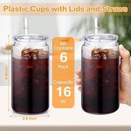 Blushtier 6 Pack Acrylic Mason Jars with Lids and Straws 16 oz Mason Drinking Jars Plastic Tumbler with Straw Iced Coffee Cups Water Bottles Travel Mugs for Water Milk Beer Juice Beverage(Clear)