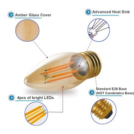 PANLAVIE - foco LED de filamento de 4 W, estilo Edison clásico clásico, E26, base estándar, color ámbar, punta redonda, equivalente a 40 W, blanco ultra cálido 2200 K, paquete de 6