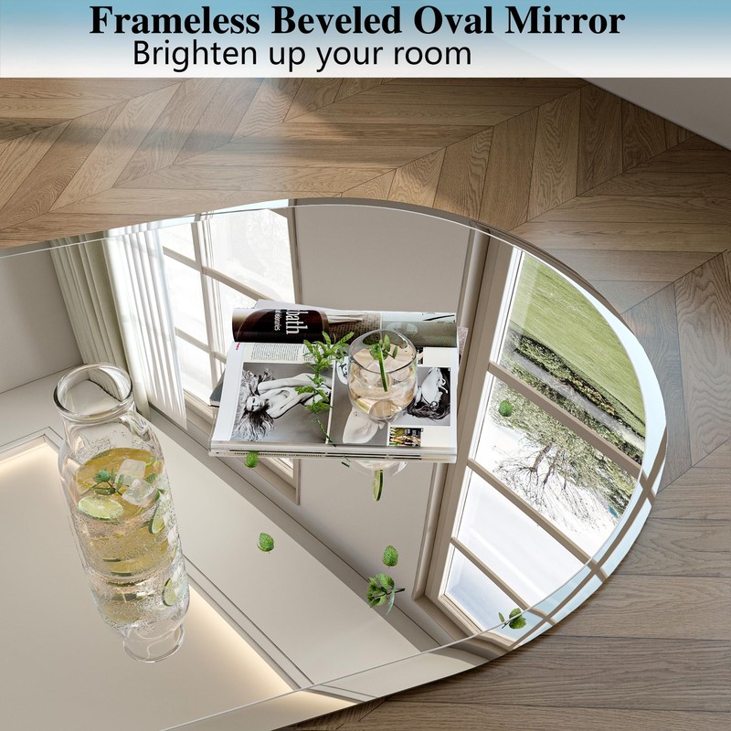 JIINGYO Frameless Oval Mirror, 22"x30" Beveled Oval Bathroom Vanity Mirrors
