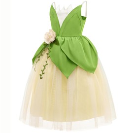 TYHTYM Princess Tiana Costume Girls Princess and the Frog Cosplay Dress Up Fancy Gown Toddler Holiday Birthday Party (Green, 6-7Y)
