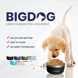 BigDog Dog Bowls, Dog Bowls for Large Dogs, Stainless Steel Dog Bowls, No Spill Dog Bowls, Dog Food and Water Bowl (64 Ounce, Grey)