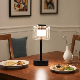 JHY DESIGN Industrial Touch Control Table Lamp 11"H 3-Way Dimmable Bedside Lamp Rechargeable Nightstand Lamp with Glass Shade for Bedroom Living Room Dining Room Patio Outdoors（Black,Type-C Charging）