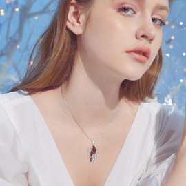 BETHZA Cardinal Necklace 925 Sterling Silver Red Bird Cardinal Flower Pendant with Diamonds Animal Jewelry Gifts for Women Christmas Birthday