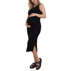 Motherhood Maternity Women's Sleeveless Racerback Rib Knit Midi Pregnancy Bodycon Dress, Black