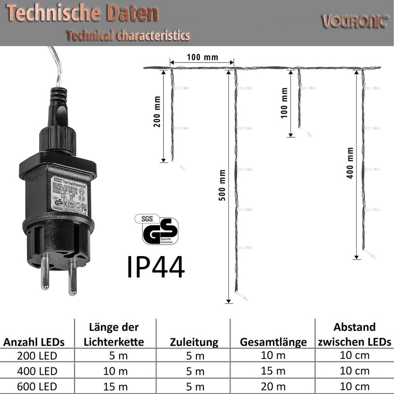 VOLTRONIC Eisregen Lichterkette, innen und außen, IP44, Größen- und Farbwahl,