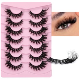 JIMIRE Faux Mink Lashes Fluffy Cat Eye Natural Look False Eyelashes Volume Wispy Fox Eye Crossed 17MM Thick Fake Lashes Look Like Eyelash Extensions Pestañas 7 Pairs Pack