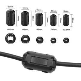 20 Pieces Clip-on Ferrite Ring Core RFI EMI Noise Suppressor Cable Clip for 3mm/ 5mm/ 7mm/ 9mm/ 13mm Diameter Cable, Black