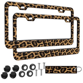 2pcs Brown Cheetah Leopard Print License Plate Frame for Women, Cheetah Leopard Brown car Decorative tag Frames Girly Animal License Plate Cover Holder for Vehicle with car Keychain tag