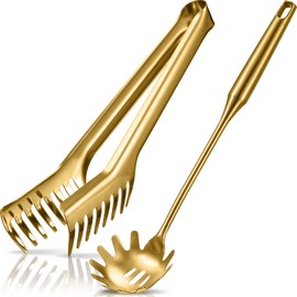 Patelai 2 Pcs Spaghetti Spoon Large Pasta Server Utensil, 9.4 Inch Stainless Steel Pasta Tong and 13.6 Inch Pasta Fork with Vacuum Handle, Comfortable Grip Design Spaghetti Server for Kitchen (Gold)