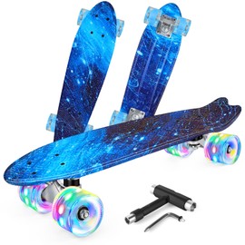 BELEEV 22 inch Skateboards for Kids, Cruiser Skateboard for Beginners Girls Boys Teens Adults, Mini Skateboards Classic Complete Skate Board with Skate T-Tool, Max Load 220 LBS (Galaxy Blue)