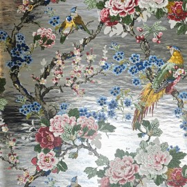Carl Robinson Silver foil metallic blue Chinoiserie blossom branches birds flowers wallpaper - sample 8.5 inches x 11 inches