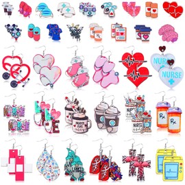Nosiny 36 Pairs Wooden Nurse Earrings for Women Cute Nurse Stud Earrings Set Cna Week Gifts Bulk Stethoscope Gnome Nurse Hat Kawaii Fun Dangle Earrings Jewelry for Doctor Appreciation Gifts