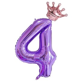 40-Inch Purple Number 4 Balloons With Crown, 4th Birthday Decorations for Girls, 3th Anniversar Celebration Decorative Balloons. (4)