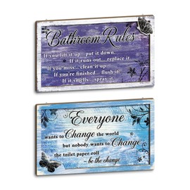 2 Piece Funny Bathroom Rules Wall Art, Rustic Wooden Hanging Sign Set for Restroom Toilet