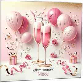Niece Womens Pink Fizz Design - Elegant Pink & Gold Birthday Cards for Niece