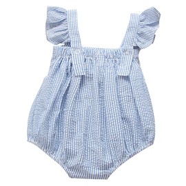 Ding Dong Baby Girl Summer Striped Triangle Romper(Blue Bowknot, 9-12M)