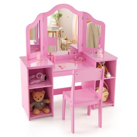 HONEY JOY Kids Vanity, Little Girls Vanity Set with with Mirror and Stool, Storage Shelves, Wooden Princess Makeup Dressing Table, Toddler Vanity, Pretend Play Kids Vanity Table and Chair Set (Pink)