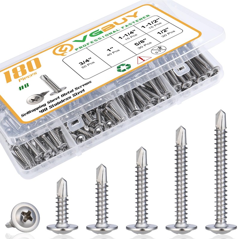 VGBUY 180Pcs #8 Self Tapping Screws Assortment Kit, 410 Stainless