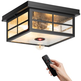 VIANIS Motion Sensor Outdoor Ceiling Light with Remote Control, 2-Light Black Modern Outdoor Flush Mount Light for Garage, Porch, Entryway, Square, Upgraded 5 Lighting Modes Adjustable Distance Time