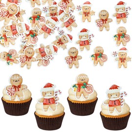 Gyufise 48Pcs Edible Merry Christmas Cupcake Toppers Edible Rice Paper Gingerbread Man Cupcake Picks Women Men Birthday Party Anniversary Party Decorations Supplies