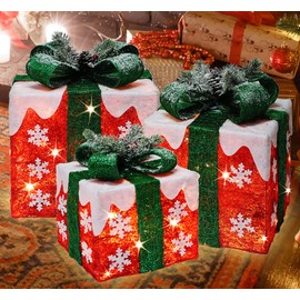 XMASLAND [Large 10"-8.5"-6.5" 3 Pack 70LED Christmas Lighted Gift Boxes Christmas Decorations for Indoor Outdoor Christmas Tree Skirt Ornament Garden Pathway Holiday Party-Warm White with Flashers