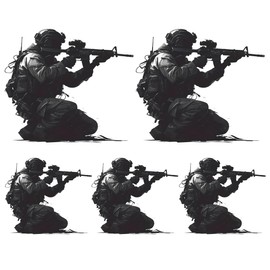 Military Sniper Sticker Pack of 5 – Tactical Infantry Shooter Vinyl Decals for Car, Laptop, Gun Safe, Helmet, Water Bottle – 2 at 6" and 3 at 3" – Removable Waterproof Army Soldier Silhouette