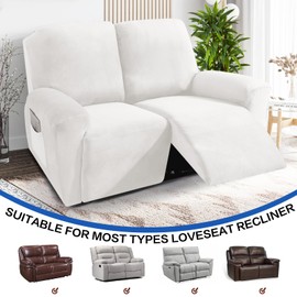 MAXIJIN Recliner Loveseat Slipcover, 6 Pieces Stretch Velvet Reclining Sofa Cover, 2 Seater Love Seat Recliner Couch Cover, Thick, Soft, Washable Furniture Cover (Loveseat Recliner, White)