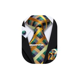 YOHOWA Men Tie Clip Set Plaid Stripe Green Silk Necktie Handkerchief Cufflinks Formal Business Wedding Party