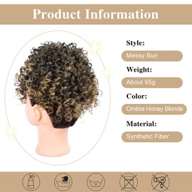 DOROJJ Drawstring Ponytail for Black Women Kinky Curly Bun Drawstring Ponytail Hair Extension for Women Fluffy Curly Short Updo Ponytail for Daily Use (Ombre Honey Blonde)